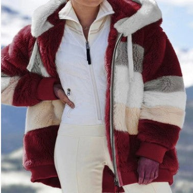 Damen nan oversized Kunstfell-Patchwork Kapuzenjacke mit Rippbündchen und Zweiwege-Reißverschluss Drune