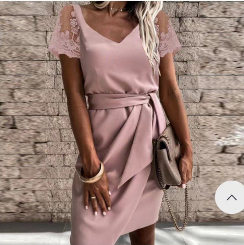 Damen Elegantes Kleid mit Spitzenärmeln und Wickelgürtel Drune