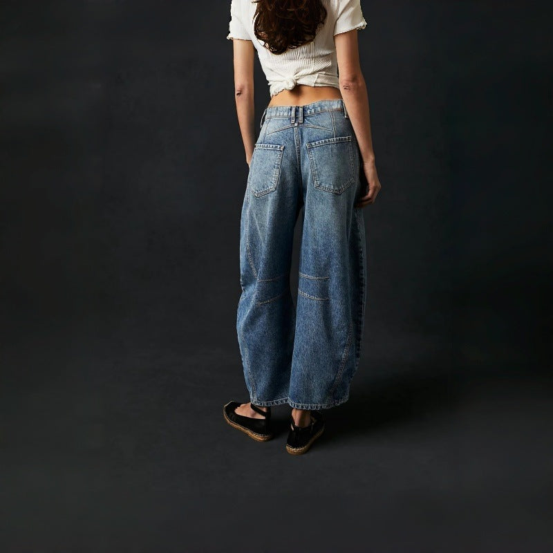Damen Weite High-Waist Jeans im Vintage-Look mit ausgefallenem Waschverfahren Drune