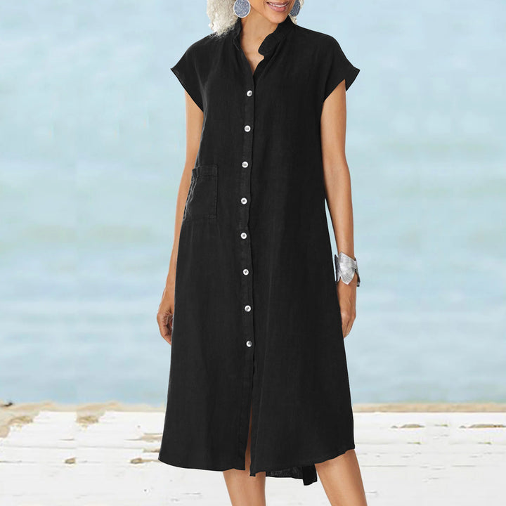 Damen lässiges Midi-Hemdkleid aus Leinen mit Knopfleiste und seitlichen Taschen Drune