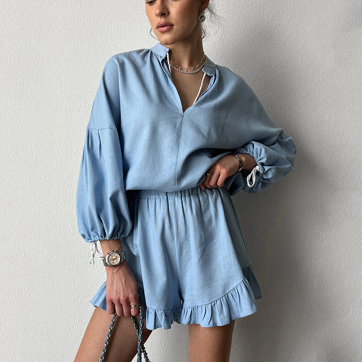 Damen lässiges Blusen- und Shorts-Set mit Rüschendetails und weitem Schnitt Drune