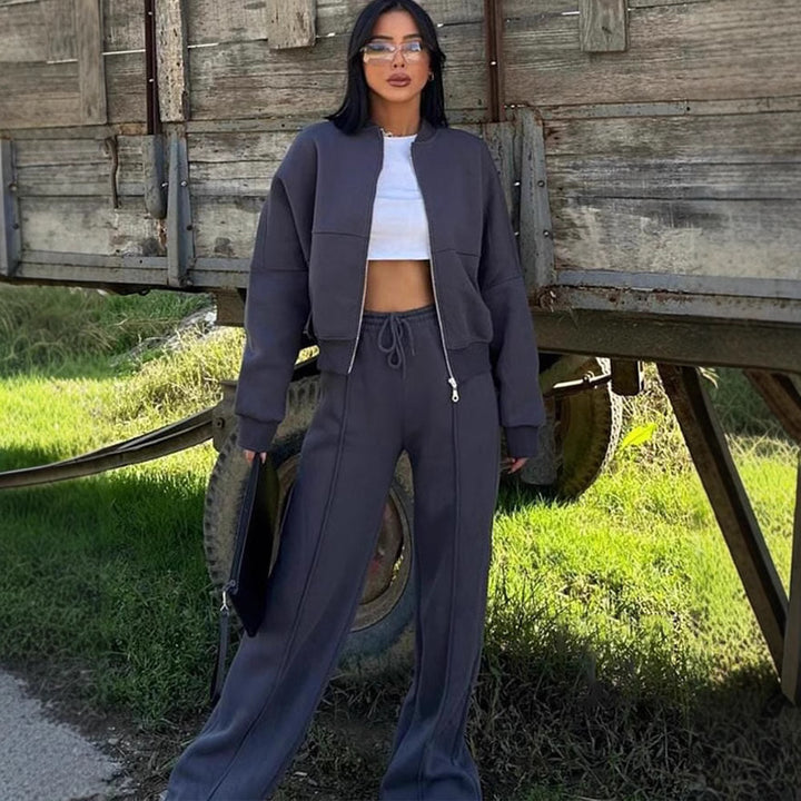 Damen nan Oversize Reißverschlussjacke mit weiter High-Waist Loungehose Set Drune