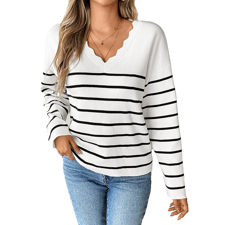 Damen Strickpullover mit V-Ausschnitt und modischem Streifenmuster Drune