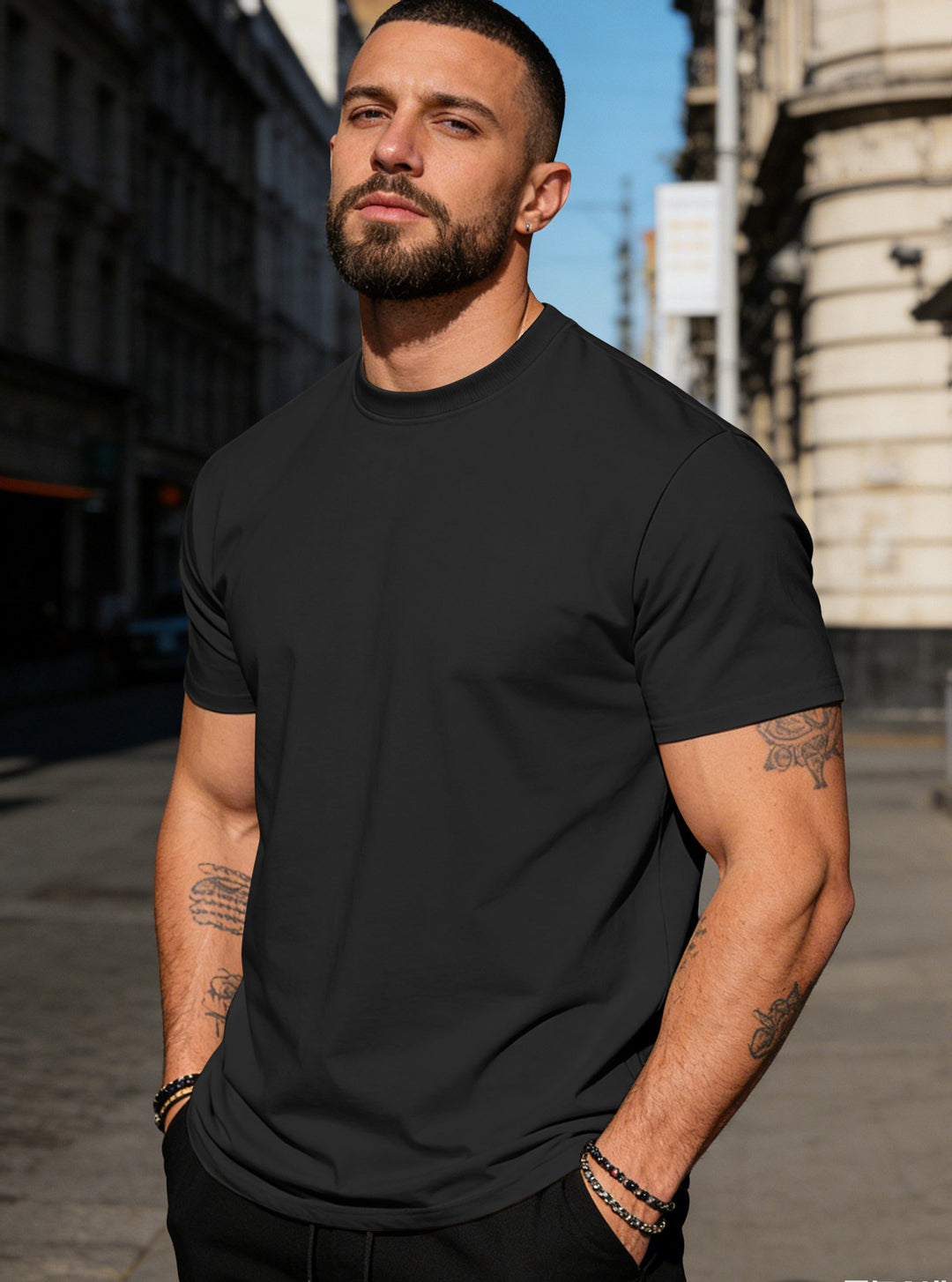 Herren nan körperbetontes hochwertiges Baumwollshirt mit Rundhalsausschnitt Drune