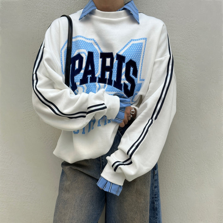Damen Oversized Sweatshirt mit modischem Paris-Print und gestreiften Akzenten Drune
