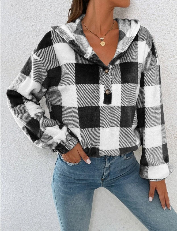 Damen Gemusterte Karo-Hoodie-Bluse Drune
