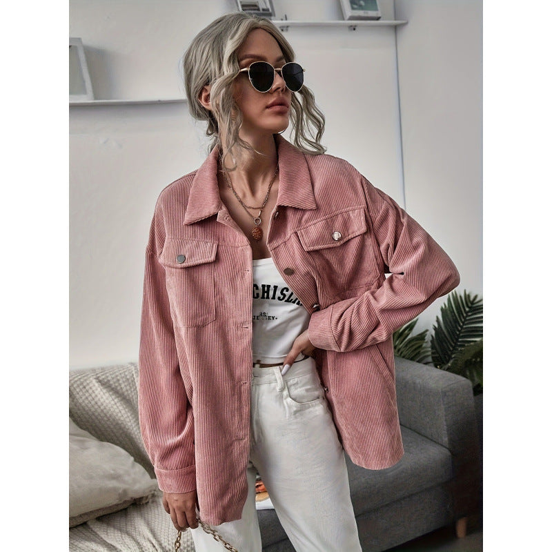 Damen Lässige Cordjacke mit dekorativen Knöpfen und praktischen Taschen Drune