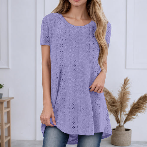 Damen nan locker geschnittene Broderie-Anglaise Tunika mit Rundhalsausschnitt, seitlichen Schlitzen und abgerundetem Saum Drune