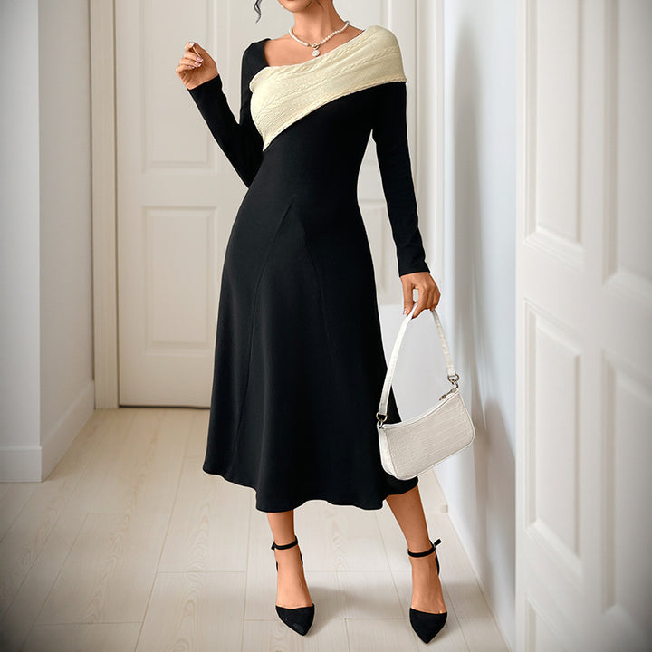 Damen Elegantes Midikleid mit asymmetrischem Kragen und Oberteil in Strickoptik Drune