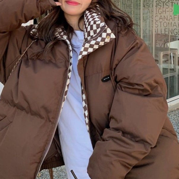 Damen Modische Oversized-Winterjacke mit kariertem Kragen Drune