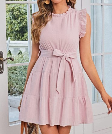 Damen Halbarmkleid mit Rüschendetails und Taillenknoten Drune