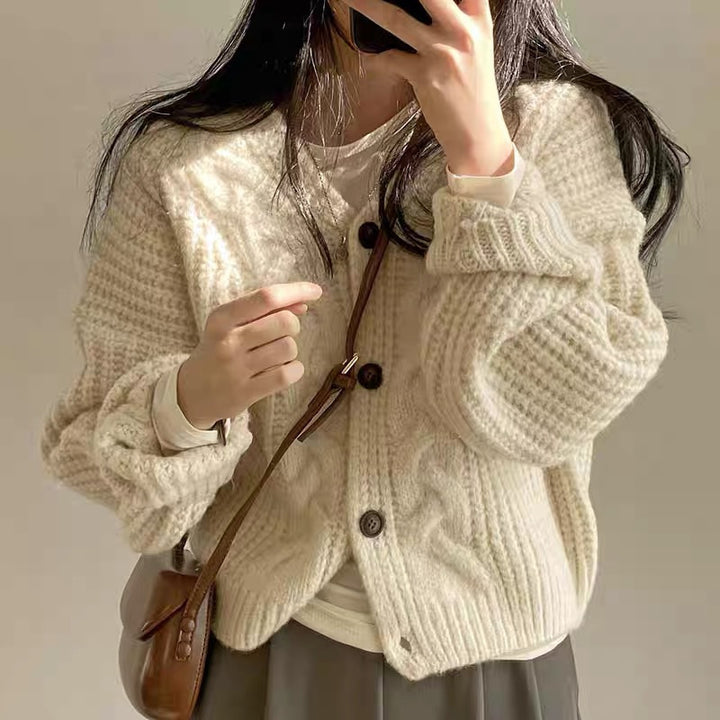 Damen kuschelige Strickjacke mit Zopfmuster und elastischen Ärmeln Drune