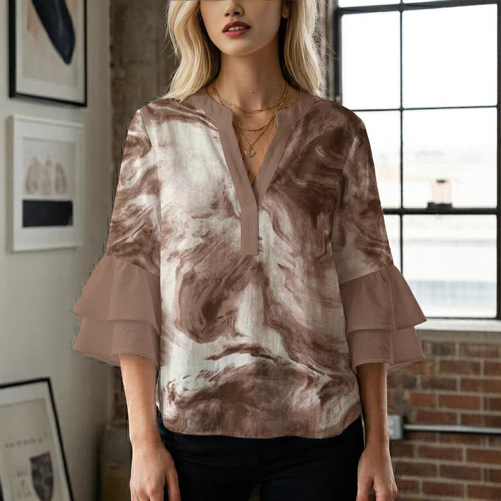 Damen lässige Bluse mit Volantärmeln und botanischem Druck Drune