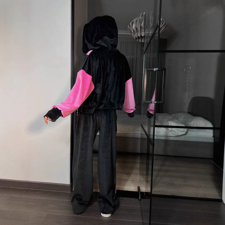 Damen Sportliches Fleece-Loungewear-Set mit hohem Stehkragen und farblich abgestimmten Akzenten Drune