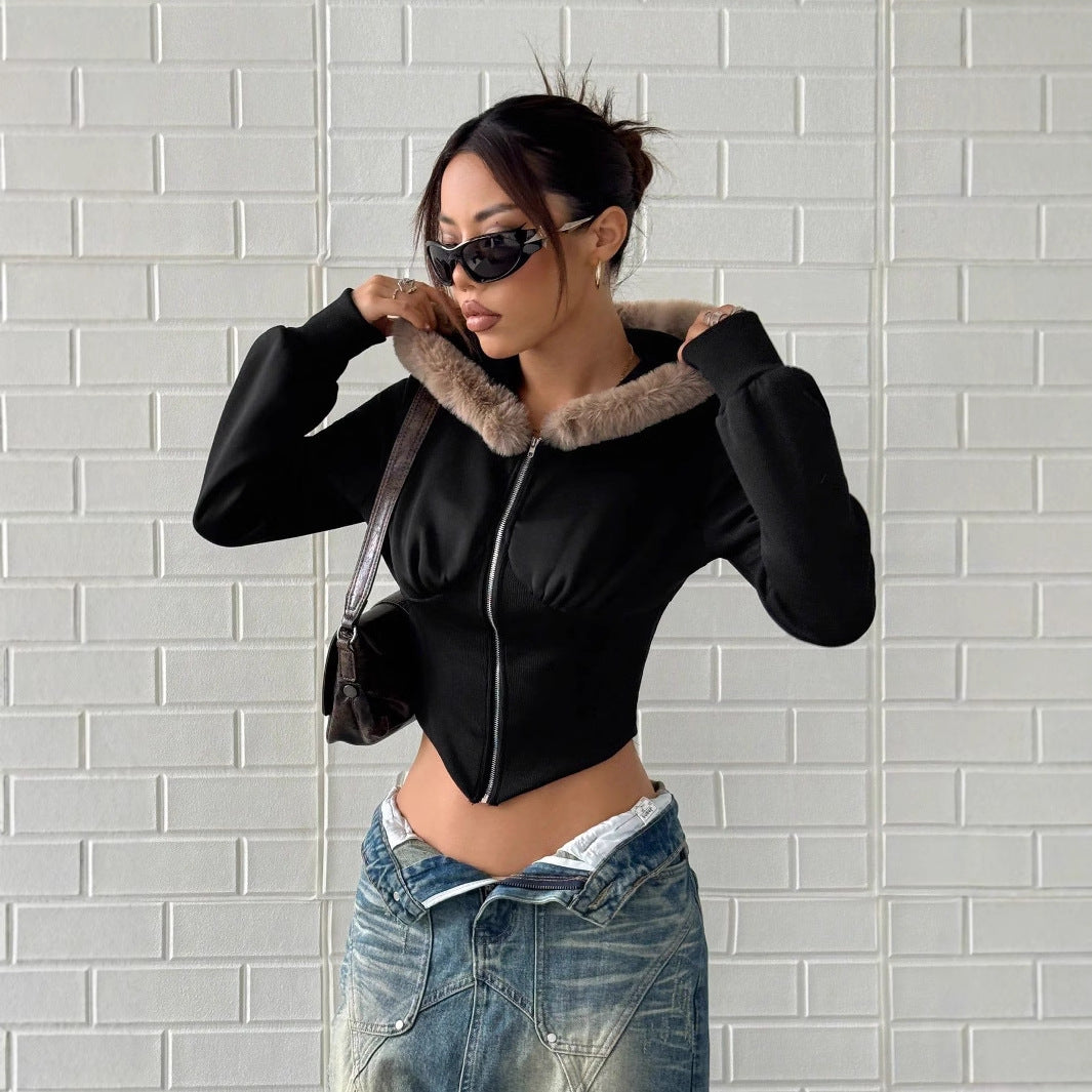 Damen cropped Hoodie mit luxuriösem Fellbesatz Drune