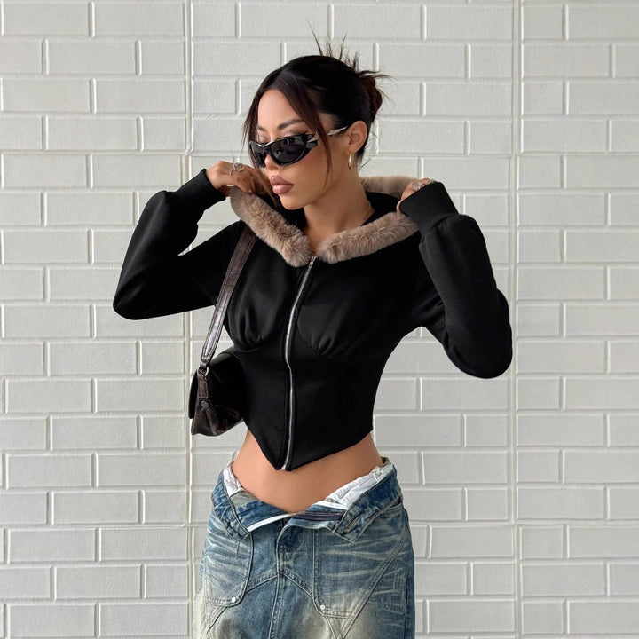 Damen cropped Hoodie mit luxuriösem Fellbesatz Drune