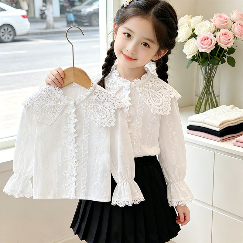Mädchen elegante Bluse mit Rüschenkragen und Spitzenakzenten Drune