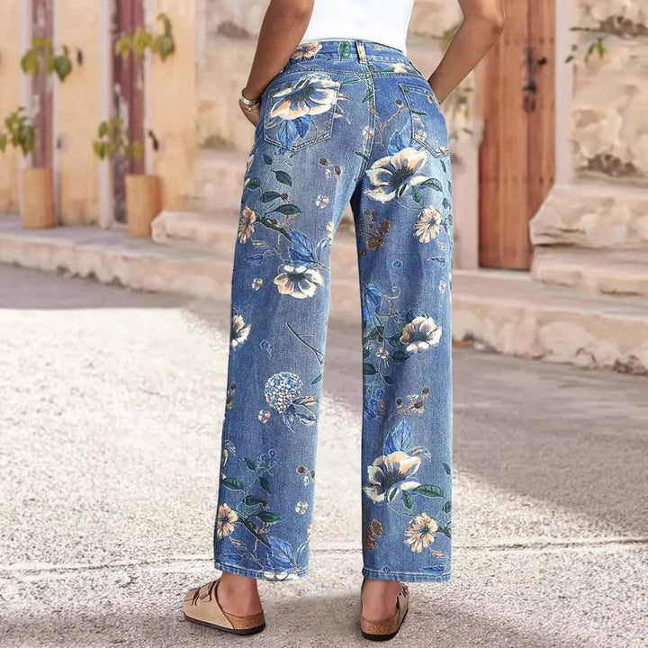 Damen Weit geschnittene Jeans mit floralem Druck und hohem Bund Drune