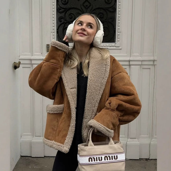 Damen kuscheliger Schnittjacke mit Teddyfelldetails Drune