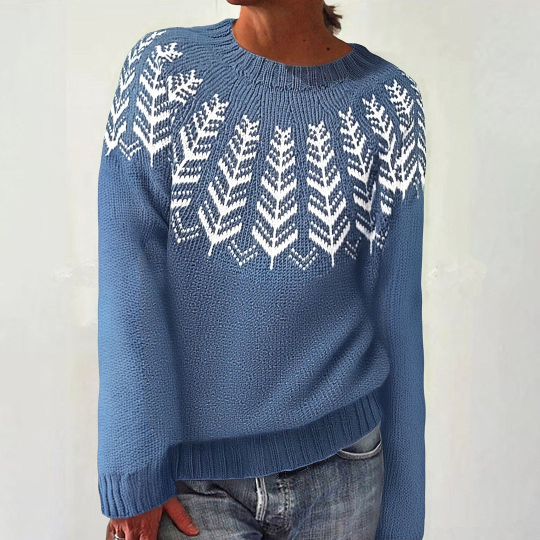 Damen nan melierter Rundhalsausschnittpullover mit kreisförmigem Jacquard-Yoke und geripptem Saum Drune