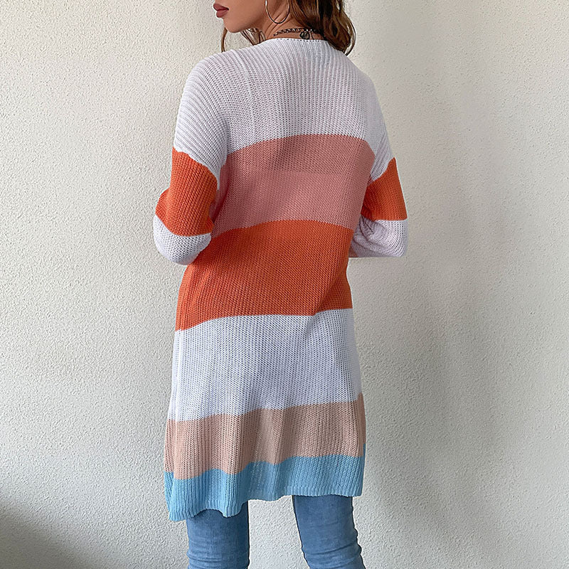 Damen lässiger gestrickter Cardigan mit blockierendem Farbdesign und tiefen Taschen Drune