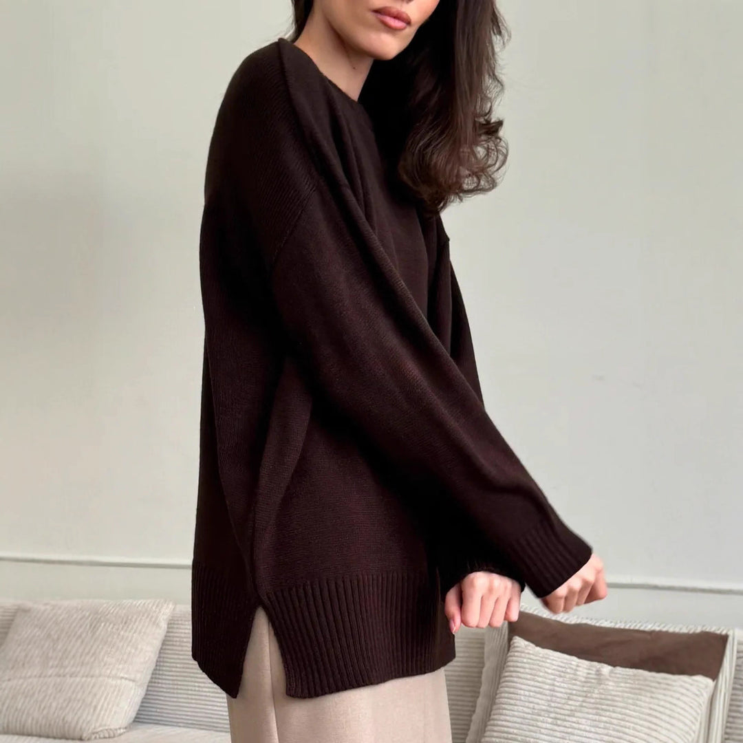 Damen Bequemer und eleganter Strickpullover mit seitlichem Schlitz Drune