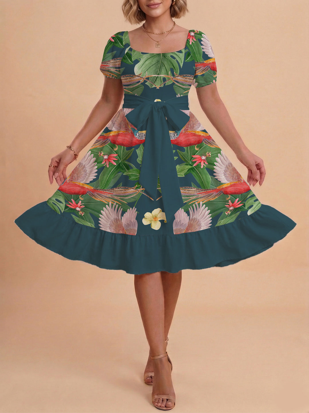 Damen Blumenkleid mit taillierbarem Gürtel und voluminösen Ärmeln Drune