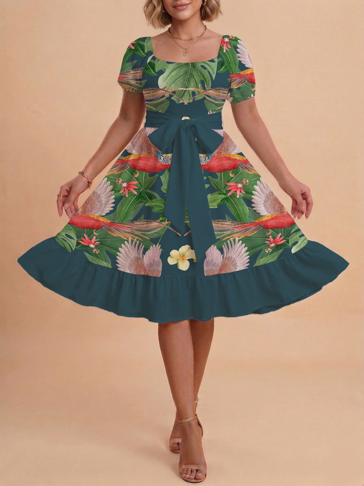 Damen Blumenkleid mit taillierbarem Gürtel und voluminösen Ärmeln Drune