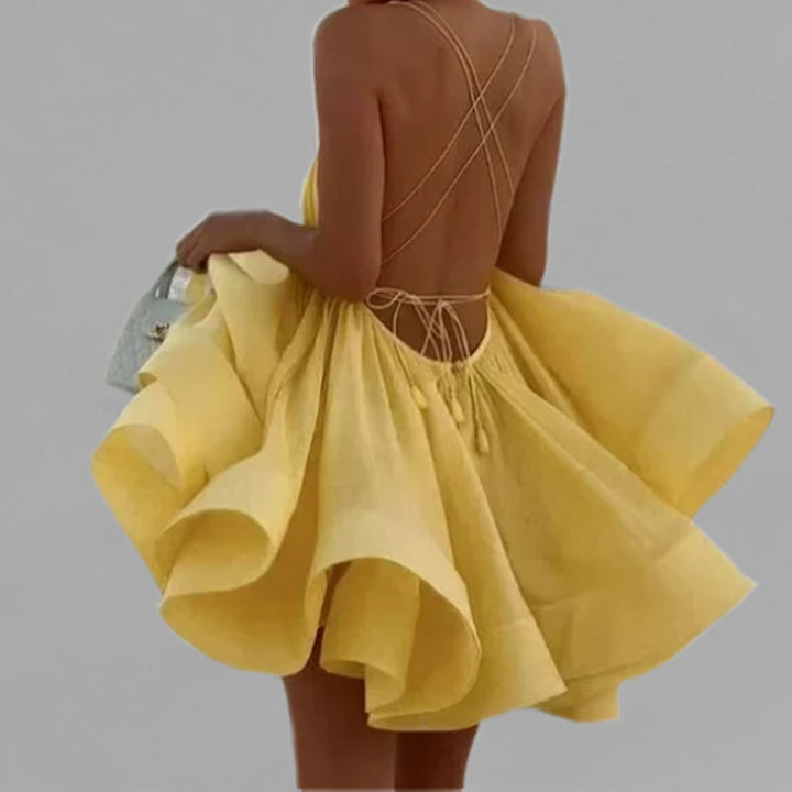 Damen Sommerkleid mit tiefem V-Ausschnitt und verspieltem Saum Drune
