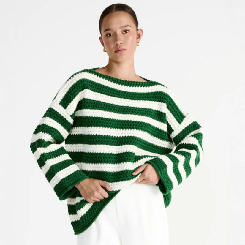 Damen lässiger Oversize-Pullover mit Streifenmuster Drune