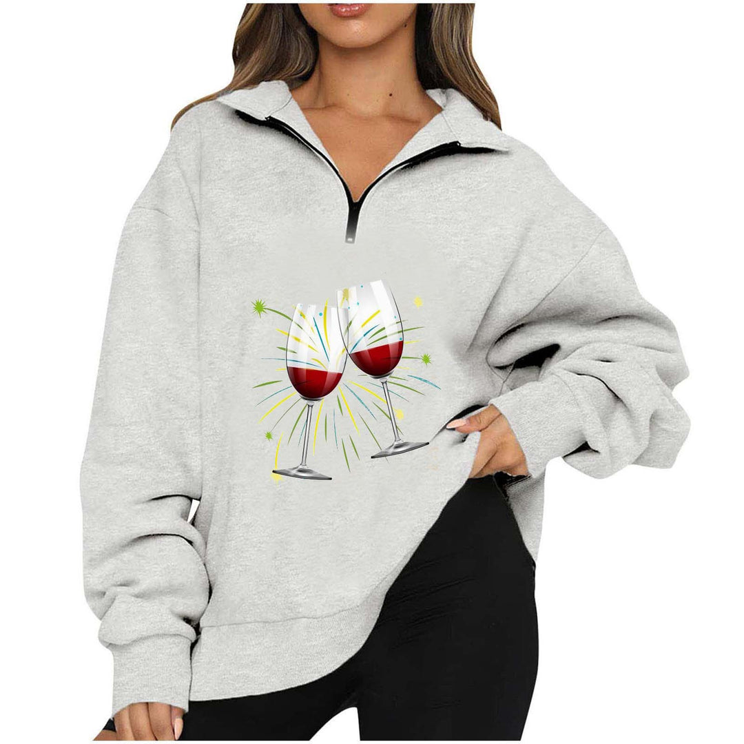 Damen Oversized Pullover mit Reißverschluss und fröhlichem Party-Motiv Drune