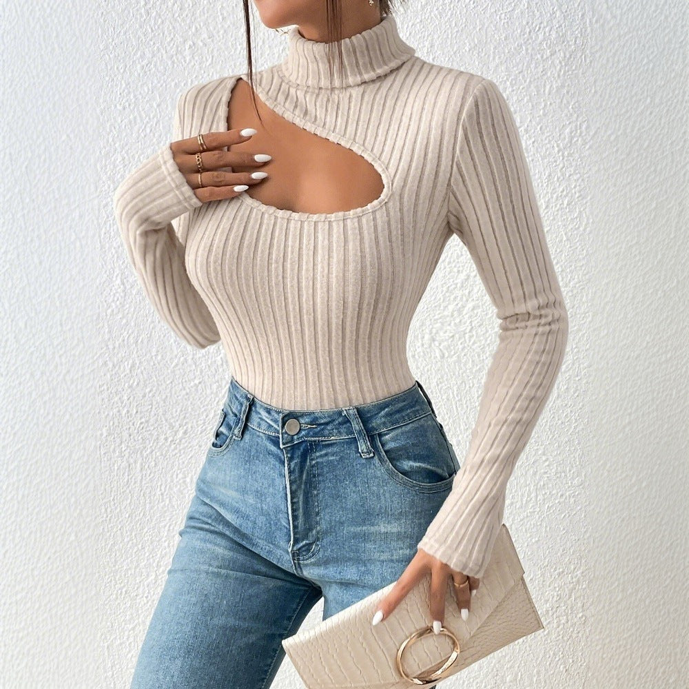 Damen Langarm Oberteil mit asymmetrischem Cut-Out und feiner Rippstruktur Drune