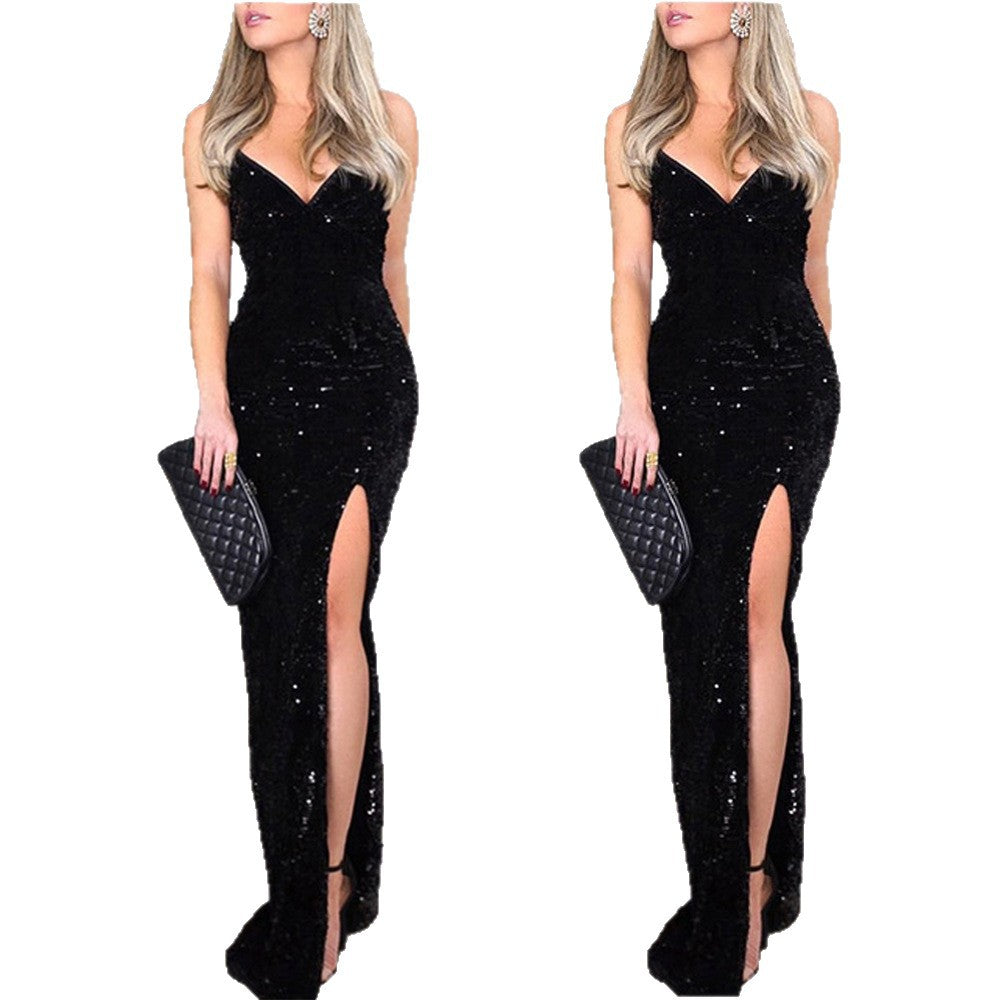 Damen Glamouröses Abendkleid mit tiefem V-Ausschnitt und seitlichem Schlitz Drune
