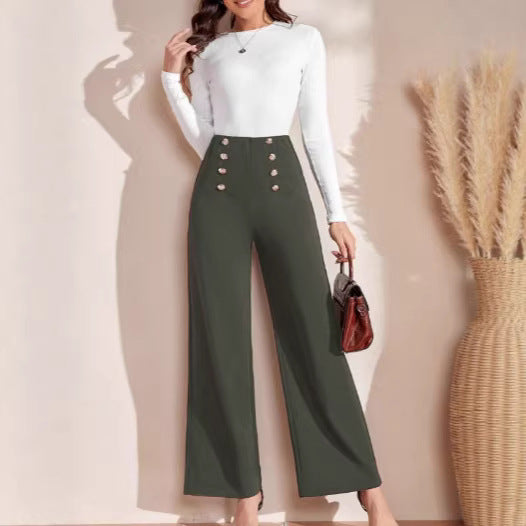 Damen nan hohe Taillenhose mit weitem Bein, maritim inspirierten Zierknöpfen Drune