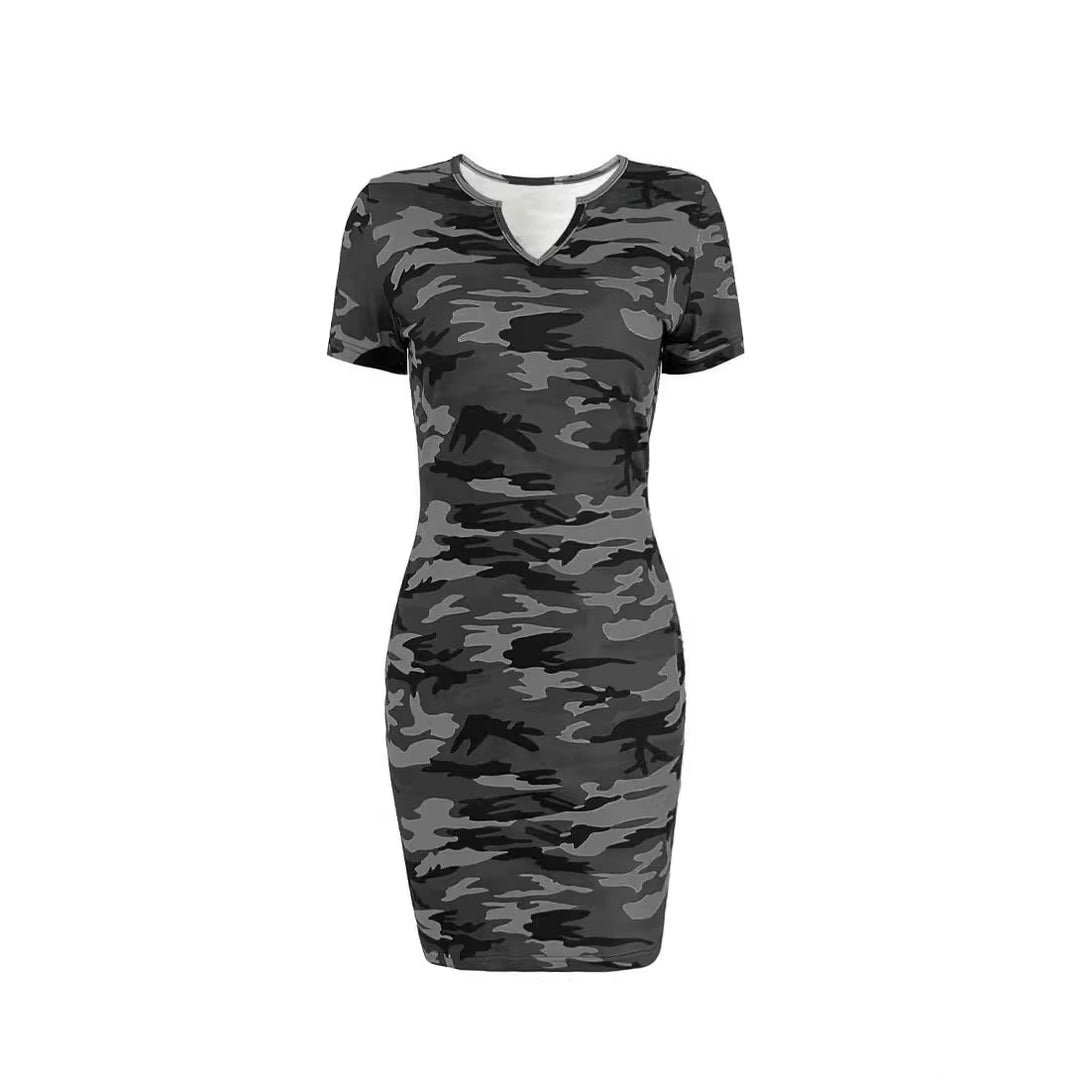 Damen Kurzarm Kleid im angesagten Camouflage-Stil mit figurbetontem Schnitt und V-Ausschnitt Drune
