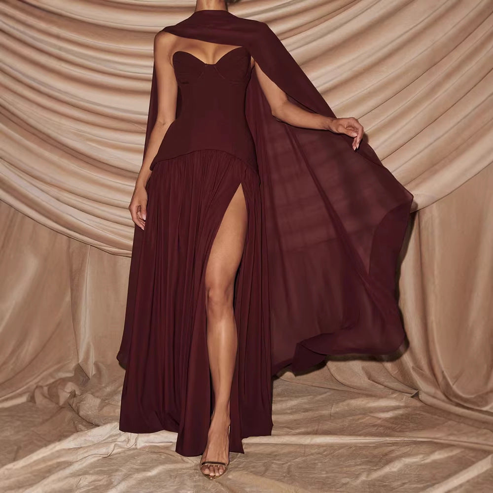 Damen Elegantes Maxikleid mit Abnehmbarem Cape Drune