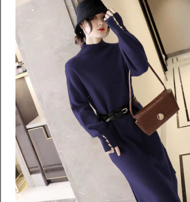 Damen Strickkleid mit elegantem Stehkragen und modischen Knopfdetails Drune