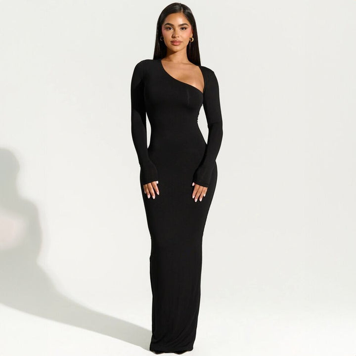 Damen elegantes Wickel-Maxi-Kleid mit asymmetrischem Halsausschnitt Drune