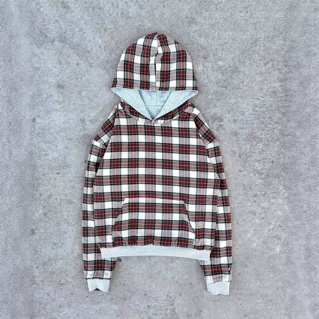 Damen bequemer Kapuzenpullover mit Karomuster Drune