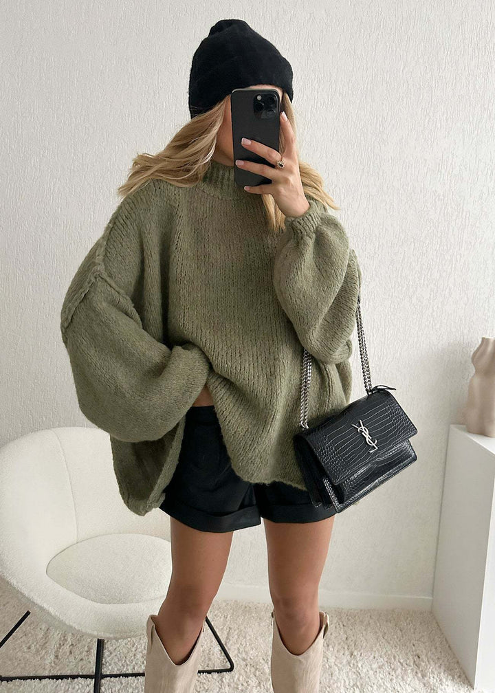 Damen lässiger Oversize Pullover mit hohen Ärmeln und unkonventionellem Schnitt Drune