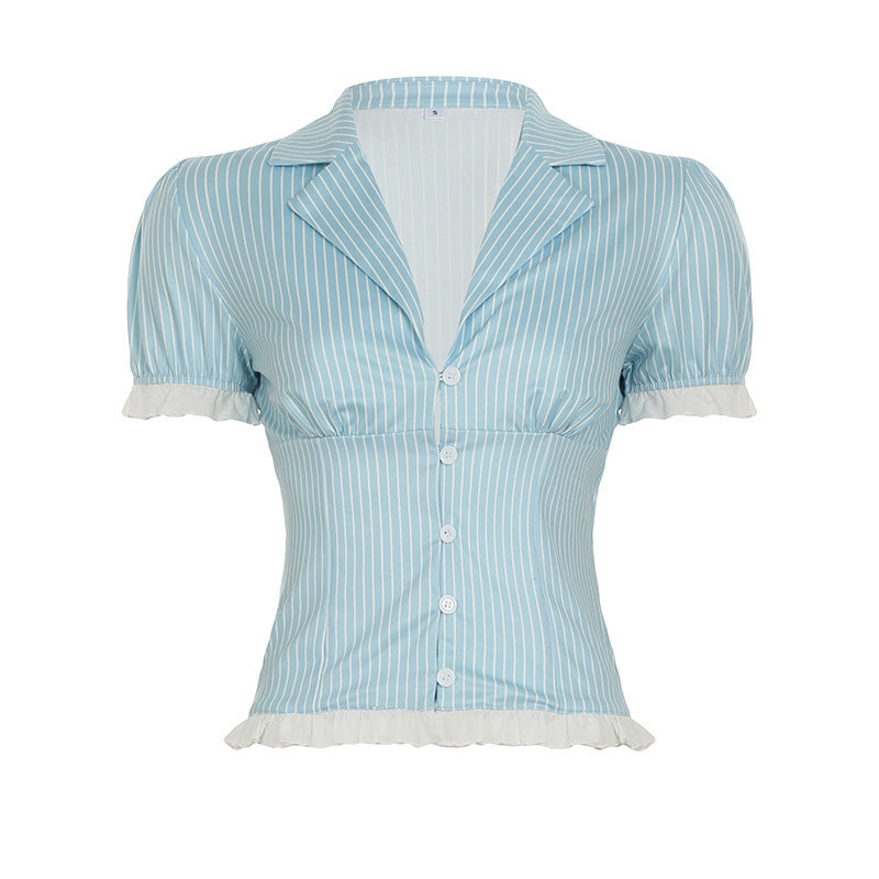 Damen Kurzes Blusenshirt mit Rüschenärmeln und Streifenmuster Drune