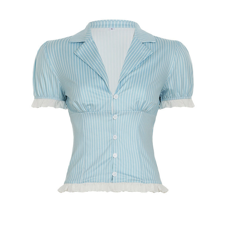 Damen Kurzes Blusenshirt mit Rüschenärmeln und Streifenmuster Drune