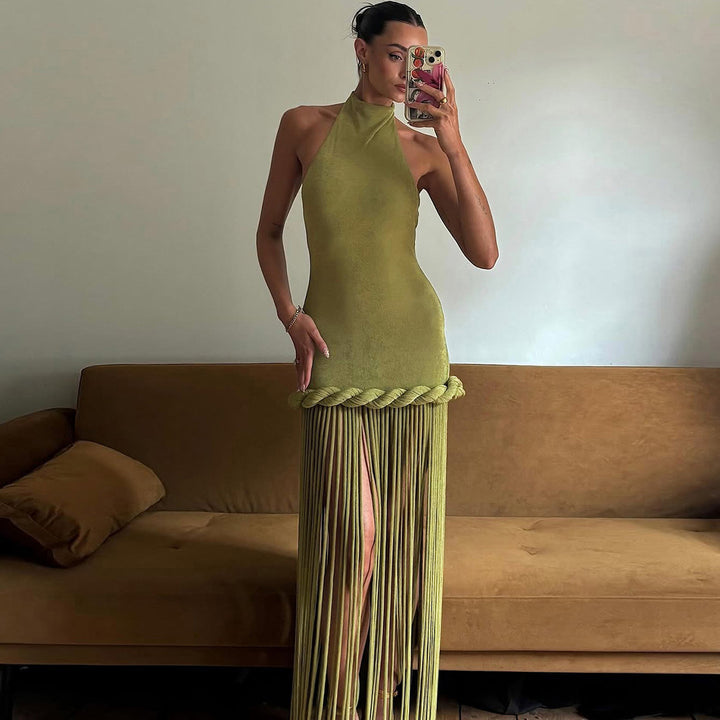 Damen Freizeitkleid mit Bambus-Borten und schimmerndem Stoff Drune