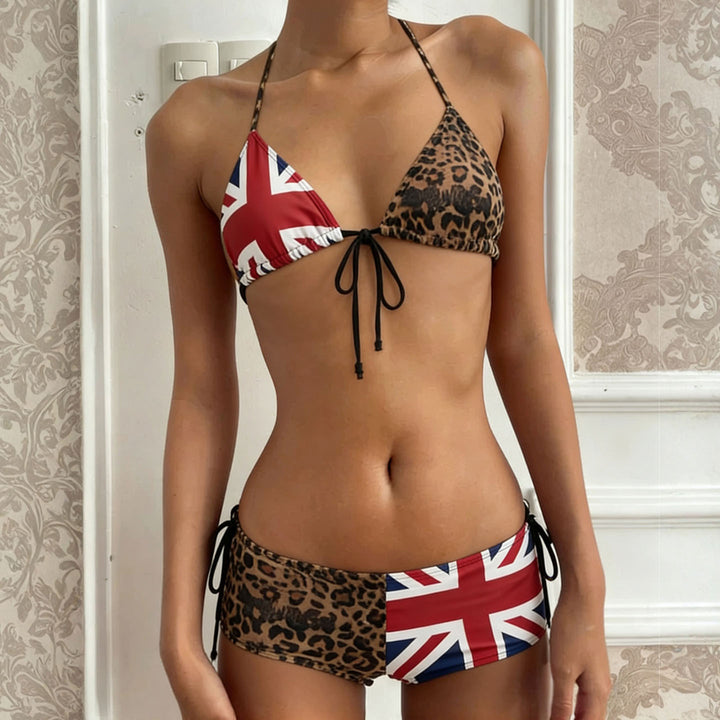 Damen Bikiniset mit Leopardenmuster und Union Jack Akzenten Drune