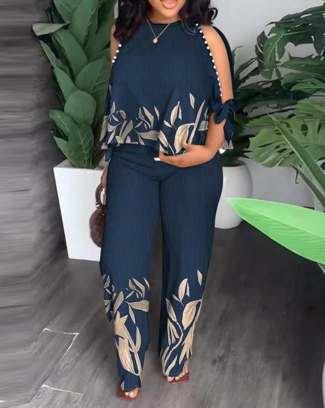 Damen Elegant gestaltetes Sommeroutfit mit floralem Design und Schulterfreiem Oberteil Drune