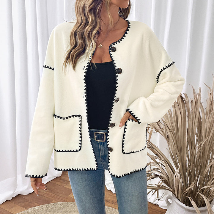 Damen modische Strickjacke mit einzigartigen Kontrastnähten Drune