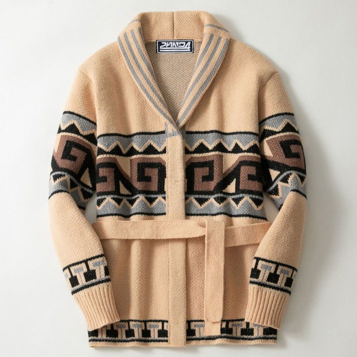 Damen Strickjacke mit grafischem Muster und Gürtel Drune