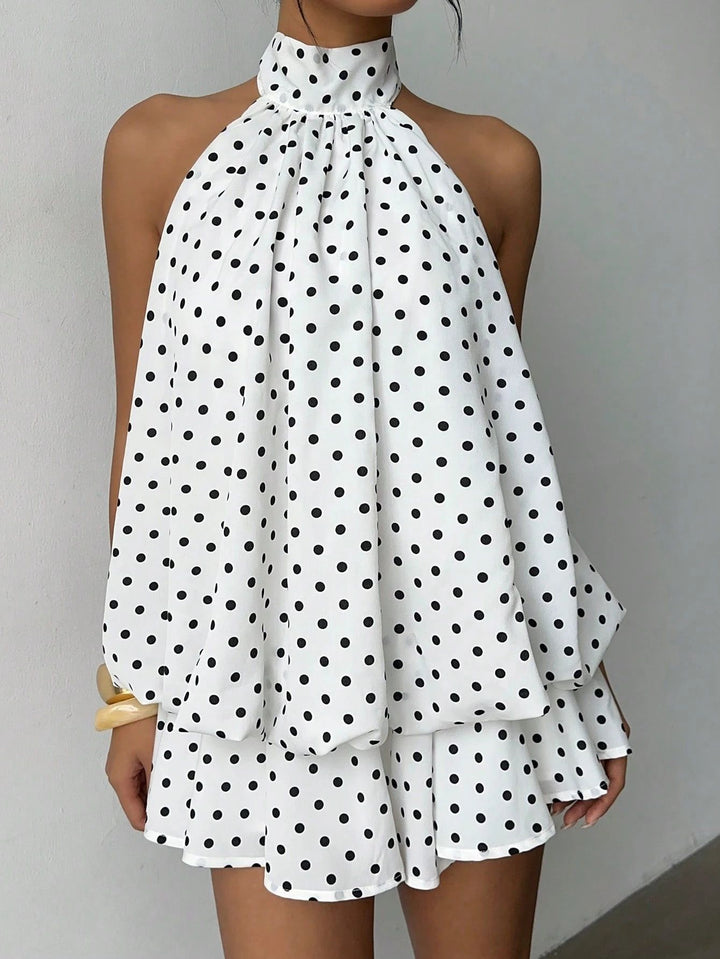 Damen modisches Polka-Dots Set mit hohem Kragen und voluminösen Ärmeln Drune