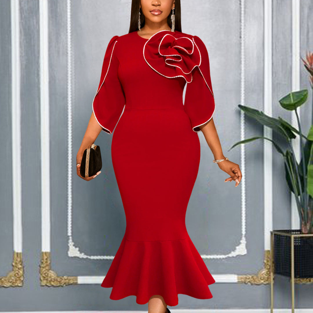 Damen figurbetontes Abendkleid mit Schößchen und voluminösem Rüschendesign Drune