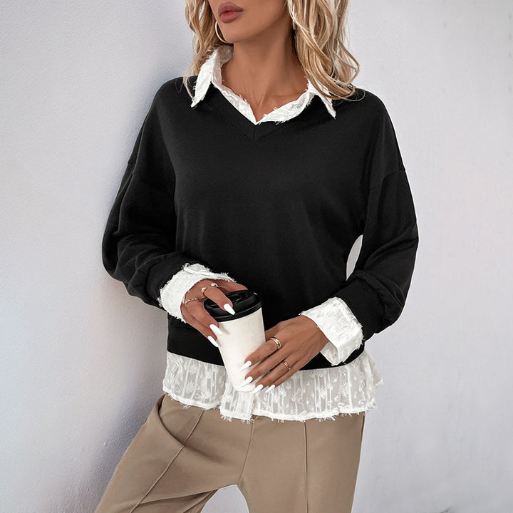 Damen Overlayer Sweatshirt mit romantischem Spitzenansatz Drune